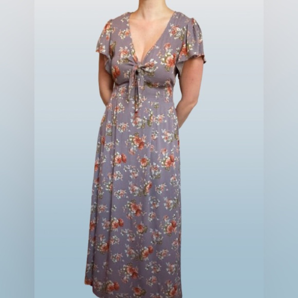 Blush Maxi Dress with Floral Pattern in Purple and Red ; Wedding Guest - Picture 2 of 4